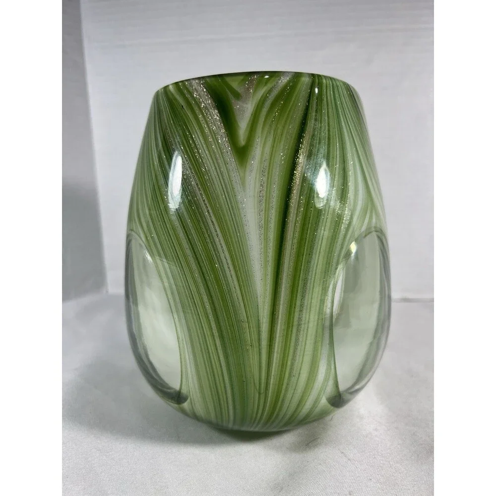 Hand Blown Art Glass Candle Holder Green White Swirl Gold Glitter 7” Tealight